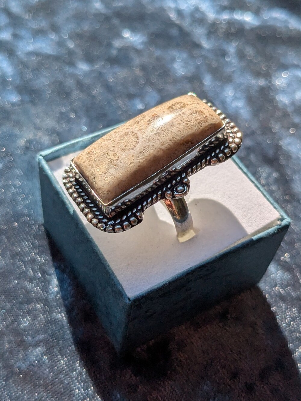 Handcrafted Fossil Coral Oversized Rectangular Ring (8)